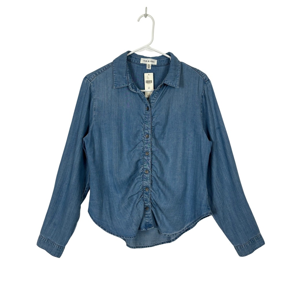 Cloth & Stone Button Down Shirt Womens Petite Medium Tencel Ruched Front Denim